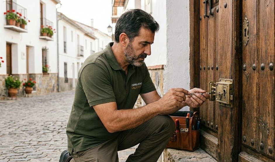 Cerrajero reparando cerradura antigua en puerta rústica